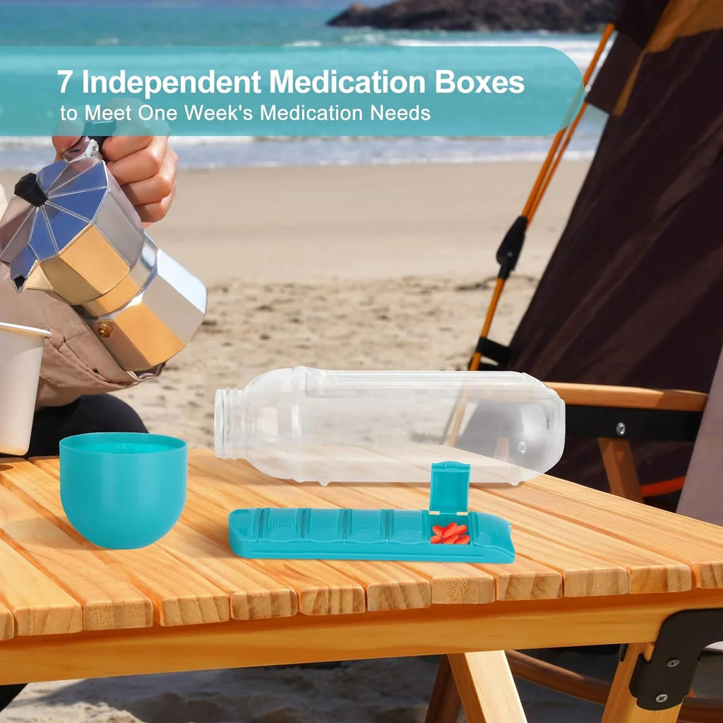 2-in-1 Pill Organizer Water Bottle with Weekly Medicine Box